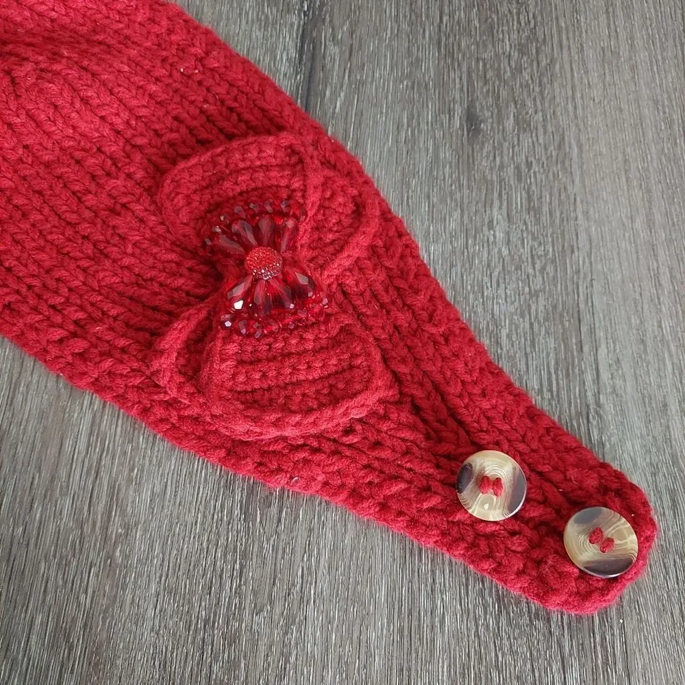 C.C Winter Red Wide Knit Headband Ear Warmer with Button Closure